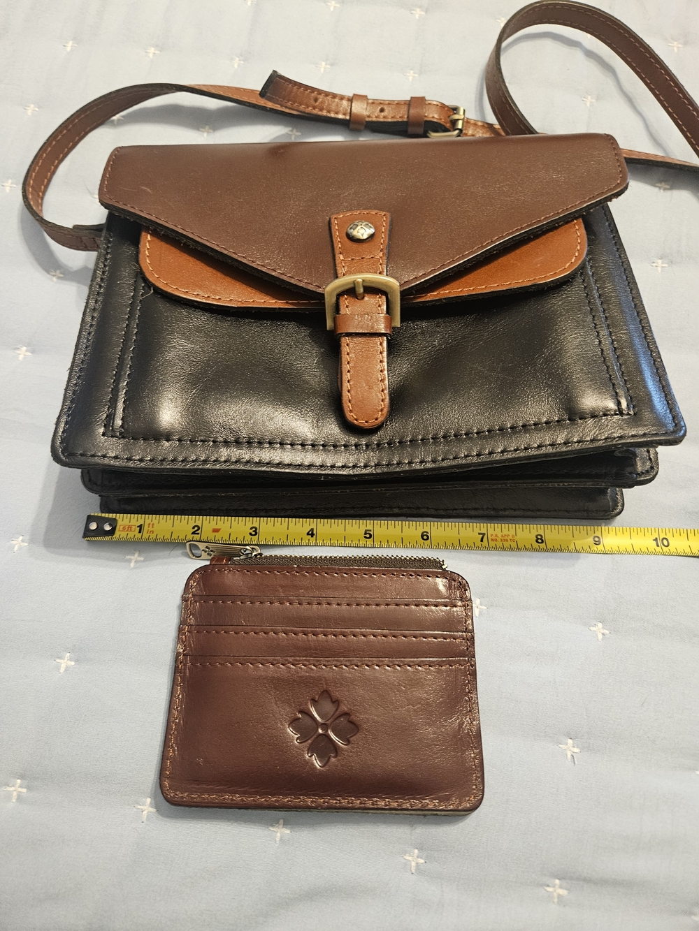 Patricia Nash Black and Brown Two-Tone Leather Crossbody with Card Holder